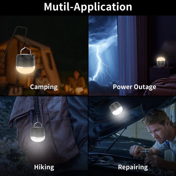 Акумуляторний світлодіодний ліхтар для кемпінгу - портативний кемпінговий ліхтар IP65, ультраводонепроникний, пилонепроникний, ліхтар для намету з 3 лампами, безступінчасті режими SOS, ліхтарі для намету для кемпінгу, походів та надзвичайних ситуацій, чор