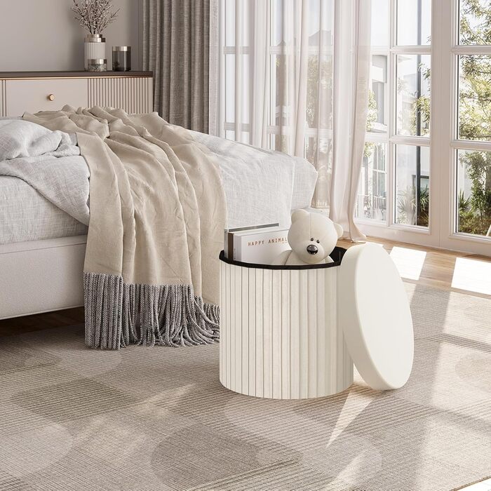 Круглий стілець WOLTU, пуф для зберігання з кришкою, м&39яка скриня для зберігання, складаний, м&39яка скриня для зберігання, виготовлена з оксамитового МДФ, 38xВ36 см, кремовий 38Г x 38Ш x 36В см