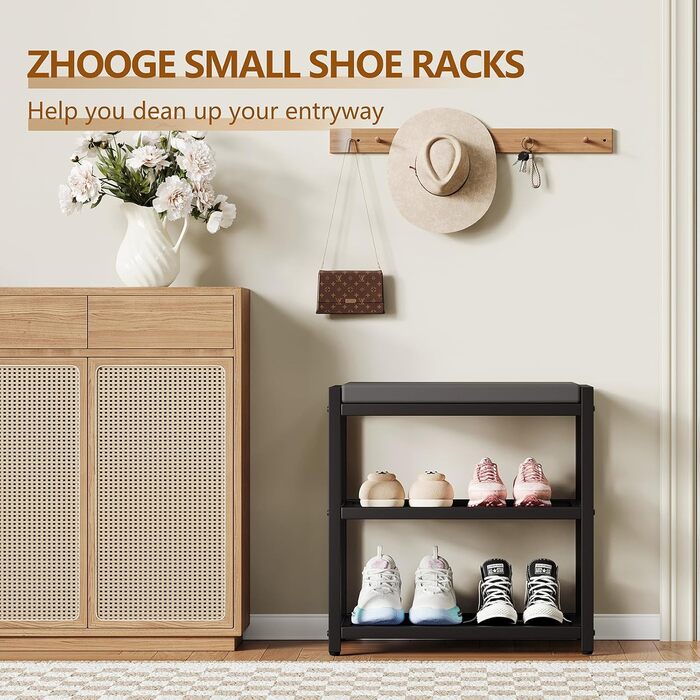 Лавка для взуття ZHOOGE із сидінням, лавка для зберігання, полиця для взуття з 2 дротяними полицями для передпокою, коридору, вітальні, металевий каркас, вантажопідйомність до 150 кг, 47 x 30 x 43 см, чорний