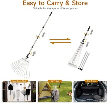 Регульований віяловий граблі з ручкою 215 см, металеві граблі для листя з рукавичками, садовий віяловий граблі для прибирання листя, рослин, газонів та подвір'я, сріблястий колір