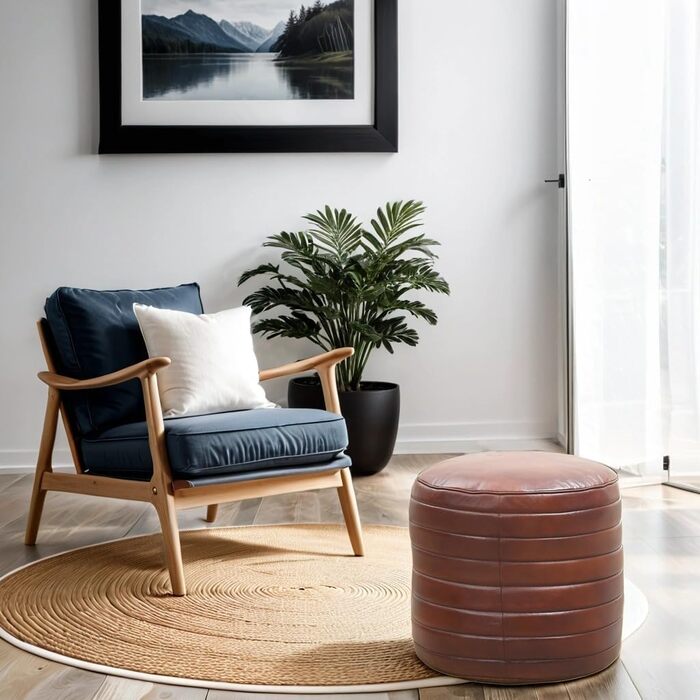 Вінтажний табурет Marrakech з подушкою для сидіння, включаючи наповнювач, виготовлений з натуральної шкіри Пуф-табурет Janeiro кольору коньяку, круглий, 45 см Крісло-мішок для ніг як декор скандинавської спальні та вітальні