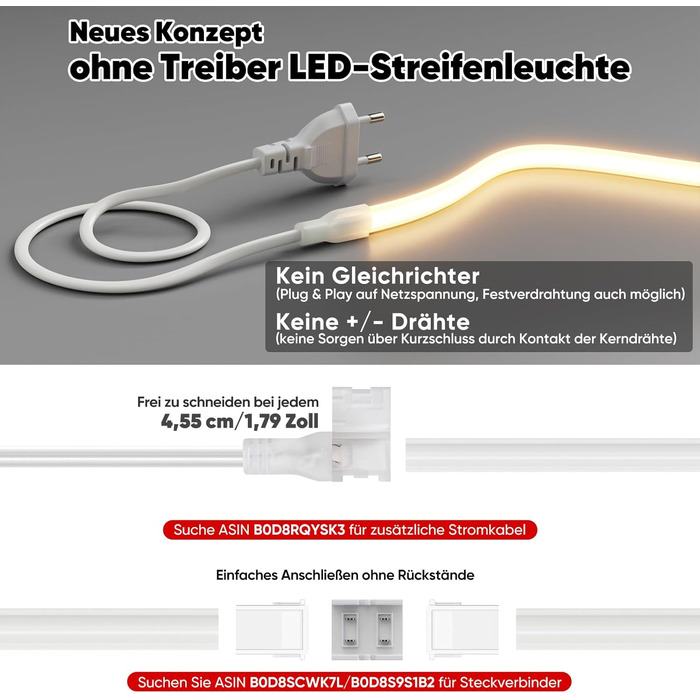 Світлодіодна стрічка Shine Decor COB 2м, AC 220-230V, IP65 Водонепроникна, SMD2025 286 LED/м, Надяскрава світлова лінія для кухні, саду та освітлення (2м, Теплий білий, Сертифікат CE). Теплий білий, 2 метри.