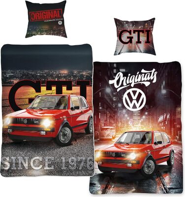 Комплект постільної білизни VW Volkswagen Golf GTI, червоний/сірий, 135 см x 200 см 80 см x 80 см, класичний автомобільний дизайн, 100 бавовна перкалевої якості, гоночний автомобіль Wrthsee, 2 дизайни, двосторонній комплект постільної білизни на блискавці