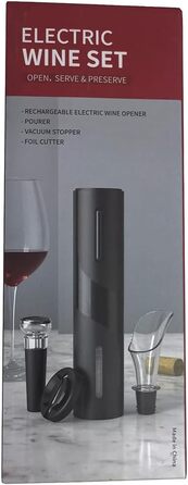 Електричний набір відкривачів для винних пляшок, акумуляторний електричний штопор, автоматичний відкривач для вина Відкривачка для пляшок з різаком для фольги, вакуумна пробка та наливник вина для сімей, вечірок (чорний) автоматичний 4-в-1 чорний