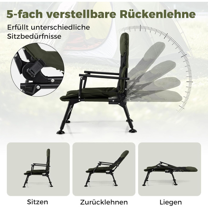 Складане рибальське крісло COSTWAY, регульоване по висоті кемпінгове крісло з регульованою спинкою, крісло для лову коропа з підлокітниками та великими ніжками, портативне рибальське крісло для кемпінгу, риболовля в наметі