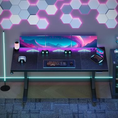 Стіл OffiGo з регульованою висотою 180x70 см, стільниця 35 мм, електричний стіл з розеткою, стіл для роботи стоячи з міцними Т-подібними ніжками, ідеальна ергономіка для офісу, ігор, чорний 180 x 70 см (35 мм)