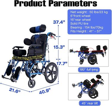 Повністю лежача інвалідна коляска для інсульту, геміплегії, інвалідів, дитячого церебрального паралічу, розбірна інвалідна коляска з алюмінієвого сплаву, з ременем безпеки та обіднім столом, для дітей, дорослих, людей похилого віку дитяча модель синя