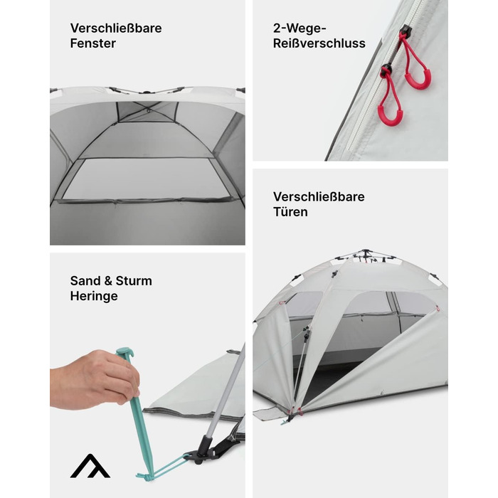 Пляжний намет qeedo Quick Palm із захистом від ультрафіолету (UV80) та невеликим розміром у пакуванні - Легкий, швидкозбірний пляжний намет (система швидкого складання) пропонує захист від сонця та вітру на пляжі, особливо для дітей. Піщано-сірий колір.