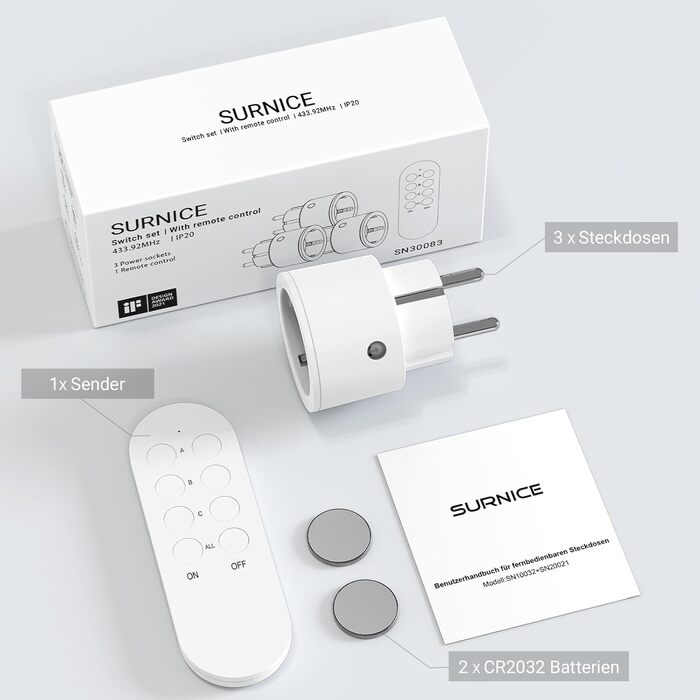 Розетки SURNICE з дистанційним керуванням, розетка перемикається 10А/2300Вт, радіус дії 40м, радіорозетки з дистанційним керуванням програмовані (1T3R)