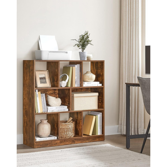 Книжкова полиця VASAGLE, полиця, кубічна полиця, окремостояча полиця, 8 відкритих відділень, можна використовувати горизонтально, вертикально або догори дном, 30 x 97,5 x 100 см, для вітальні, кабінету, офісу, вінтажний коричневий LBC52BX 8 кубічних вінта