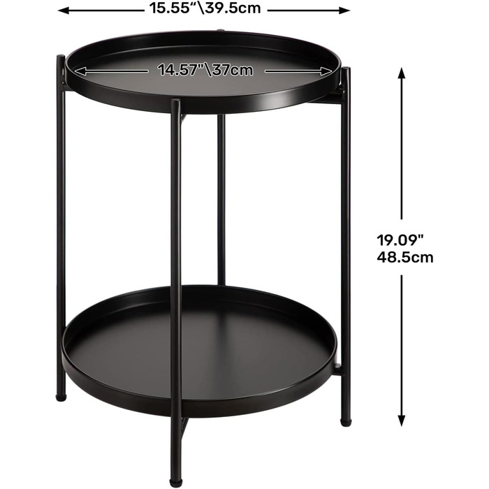 Круглий бічний столик HollyHOME, чорний металевий, маленький журнальний столик, 2 яруси, балконний столик, тумбочка, бічний столик для вітальні, спальні, тераси, вулиці