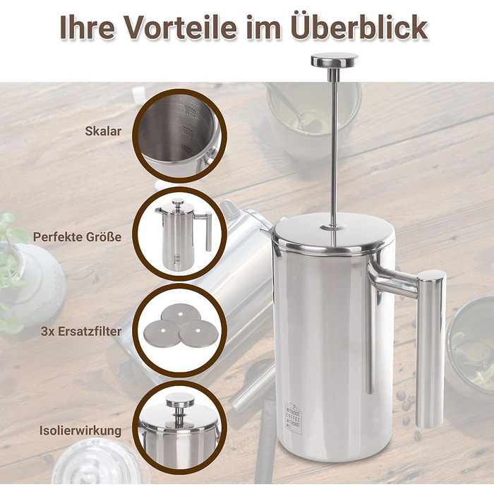 Френч-прес з нержавіючої сталі NOUTEN преміум-класу 0,6 л - Ізоляційний ефект завдяки конструкції з подвійними стінками - Накип для ідеального приготування - Змінний фільтр в комплекті - 2 роки Повернення грошей 600 мл