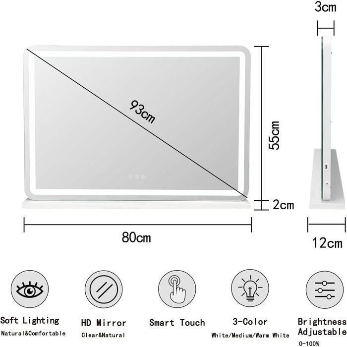 Голлівудське дзеркало для макіяжу LIANWANG з підсвічуванням, голлівудське дзеркало з 3 колірними температурами, велике дзеркало для макіяжу з сенсорним управлінням і USB для макіяжу 80 X 55см 55L x 80B см білий
