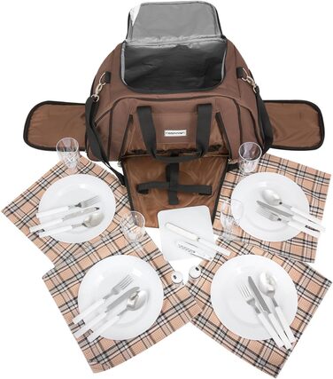 Сумка для пікніка anndora з відділенням-холодильником, коричнева з синіми колами, 29 предметів, 4 особи, 3655 Коричнева з різнокольоровими колами