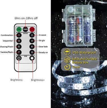 Світлодіодна стрічка з живленням від батареї, батарея пульта дистанційного керування світлодіодна стрічка для вулиці, саду, кухні, шафи, візка для гольфу, Різдва, Хеллоуїна, вечірки з нагоди дня народження, прикраси спальні (білий), 5M 150