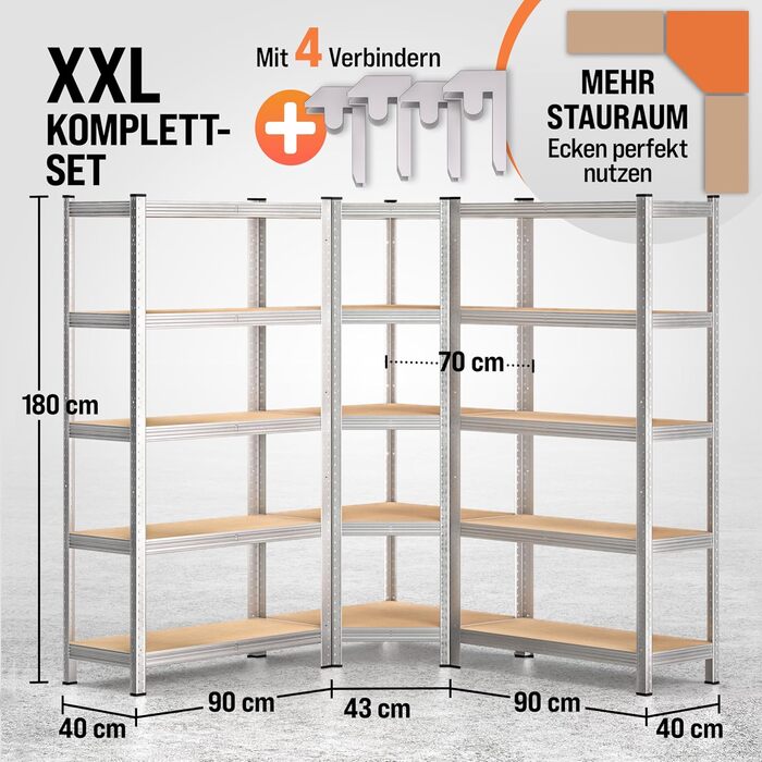Комплект кутових стелажів Monzana з 3 предметів, міцний, вантажопідйомність 2625 кг, 15 полиць з МДФ, полиця для зберігання, полиця для підвалу, полиця, що вставляється, полиця для майстерні, сріблястий