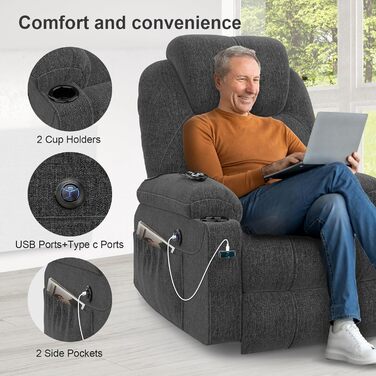 Електричне регульоване крісло-реклайнер YONISEE, масажне крісло з підйомником, функцією масажу та підігріву, крісло-реклайнер з підставкою для ніг, 2 бічні кишені та підстаканники, USB-порти, темно-сірий колір