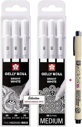 Ручки Bright White в чохлі, Mix-Size 05/08/10 3 шт. и Sakura Gelly Roll Basic, білий 08 ET Pigma Micron Black 05, 3