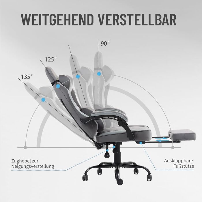 Ергономічне ігрове крісло PixelPilot Дихаюча тканина Крісло з підставкою для ніг, підголівником та поперековою опорою, ігрове ПК-крісло Широке сидіння Офісне крісло вантажопідйомністю 150 кг (Nebula, чисто сірий) Чисто сірий Nebula