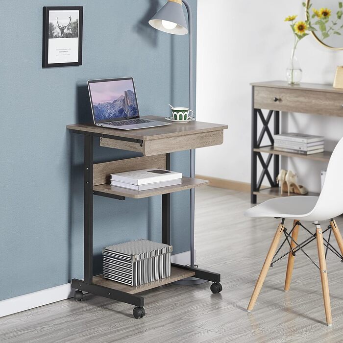 Комп&39ютерний стіл на колесах, Офісний стіл з лотком для клавіатури та відкритим відділенням, Промисловий дизайн, 56 x 51 x 79 см, для домашнього офісу, кабінету, сірий