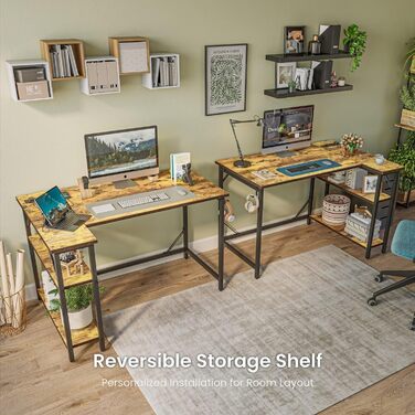 Невеликий L-подібний ігровий стіл з розетками, 140 x 70 см, кутовий комп&39ютерний стіл з великими полицями, що можна перевернути, для домашнього офісу, робоча станція для ПК з гачками для письма, навчання, рустикальний коричневий 140 x 70 см