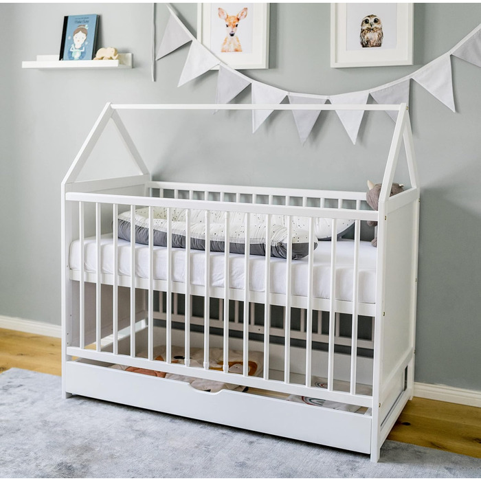 Дитяче ліжечко Двоспальне ліжечко 60x120 см з шухлядою та матрацом Ліжко для дому Дитяче ліжко 120x60 см біле з шухлядою, регульов