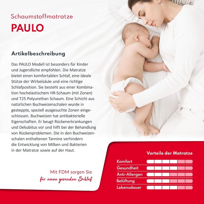 Матрац FDM 80x160 см, рівень жорсткості H3, висота 16 см, дитячий матрац, пінополіуретановий матрац, HR-піна, пінополіуретан, гречка, 7 зон комфорту з гіпоалергенним покриттям, чохол преміум-класу, що прається, сертифікований Oeko-Tex, Paulo 80 x 160 см