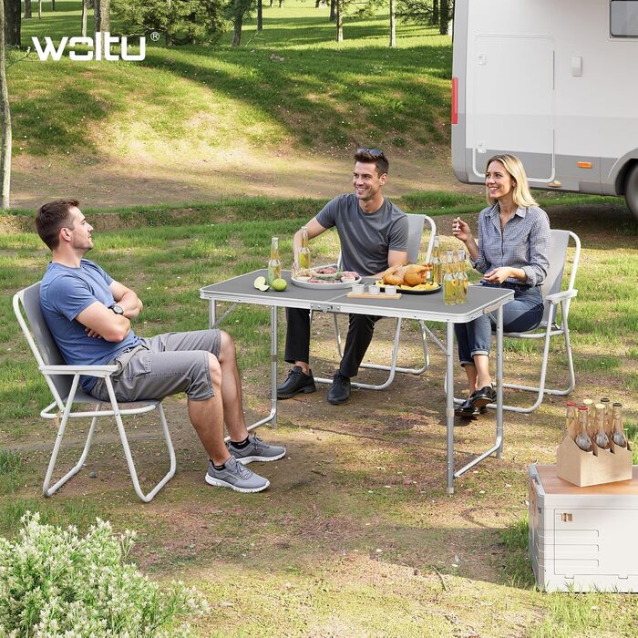 Кемпінговий стіл, розкладний стіл 120x60 см, регульований по висоті розкладний садовий стіл з алюмінію та МДФ для кемпінгу, саду, вечірок та ринків, сірий
