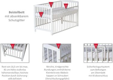 Дитяче ліжечко Міккі - біле - 60x120 см - виготовлене з масиву бука - плавне регулювання висоти - вкл. бортики для переобладнання та ремінь безпеки White Old