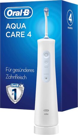 Іригатор для порожнини рота Oral-B AquaCare 4, очищувач міжзубних проміжків з 4 режимами чищення для дбайливого догляду за зубами та здоров'ям ясен, подарунок чоловіку/жінці, дизайн від Braun, білий/синій