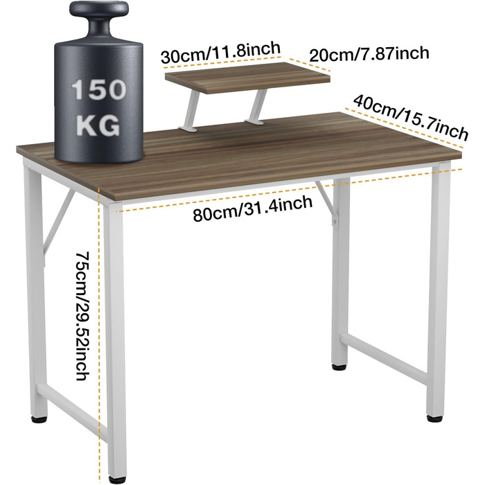 Письмовий стіл з полицею для монітора, стіл для ПК, комп&39ютерний стіл 80x40x75см, комп&39ютерний стіл, офісний стіл, дерев&39яний офісний стіл, стабільний стіл для ноутбука, робочий стіл, колір темного дерева 80x40x75см