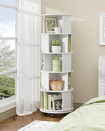 Книжкова полиця Hzuaneri, поворотна на 360, 5-рівнева вертикальна полиця для зберігання, сучасна окремостояча полиця, декоративна полиця на колесах, для вітальні, кабінету, офісу, 45 x 45 x 161,5 см, біла BC54003X