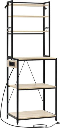 Кухонна полиця WOLTU на 6 рівнів з розетками, полиця для мікрохвильової печі з 6 гачками, полиця для пекаря з металевим каркасом, регульована полиця, чорнийсвітлий дуб, 60 x 167 x 40 см чорнийсвітлий дуб 60 x 39,5 x 167 см
