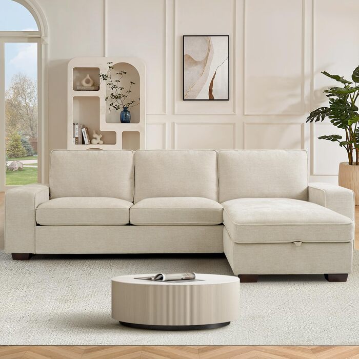 Розкладний секційний диван 250 см з шезлонгом, сучасний L-подібний двосторонній дизайн, зручна тканина шеніл, знімні чохли для подушок, порти USB Type-C (бежевий, 3-місний L-подібний)