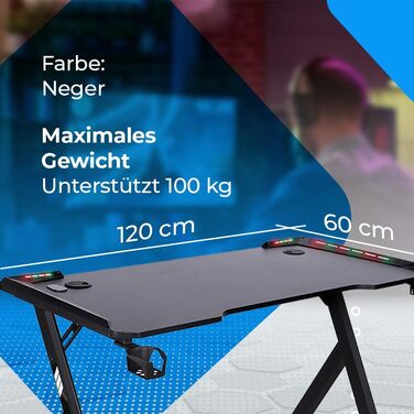 Ігровий стіл NK зі світлодіодним освітленням (120x60 см) - з тримачем для напоїв та пляшок, тримачем для навушників, органайзером для кабелів, стільниця товщиною 1,5 см (максимальне навантаження 100 кг), білий колір