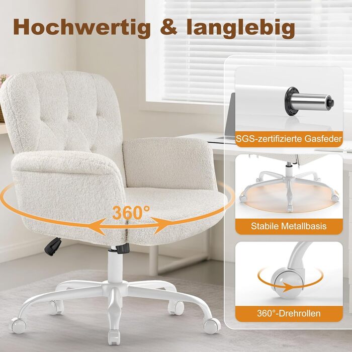 Офісне крісло ZZH для домашнього офісу, зручне, м&39яке, пухнасте крісло для туалетного столика з колесами та підлокітниками, миле поворотне комп&39ютерне сидіння з плюшевого оксамиту для спальні, макіяж, білий колір