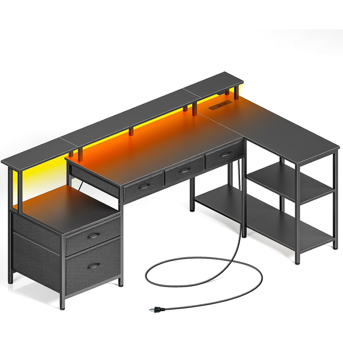 Г-подібний стіл Rolanstar з шухлядами, двосторонній ігровий стіл з розеткою, світлодіодним освітленням та підставкою для монітора, комп&39ютерний стіл 163 см для офісу, кабінету, спальні, чорний