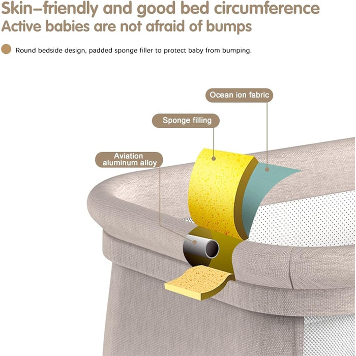Дитяче ліжечко Nine Point Nine, розкладне дитяче ліжко-ліжечко, пружинне ліжко Baby Box з колесами, багатофункціональне, з 5 гойдалками (601 Середньо-сірий)