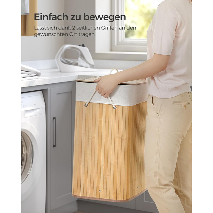 Кошик для білизни з кришкою, 72 л, бамбуковий, складаний, зі знімним мішком для прання, з ручками, для пральні, спальні, колір дер