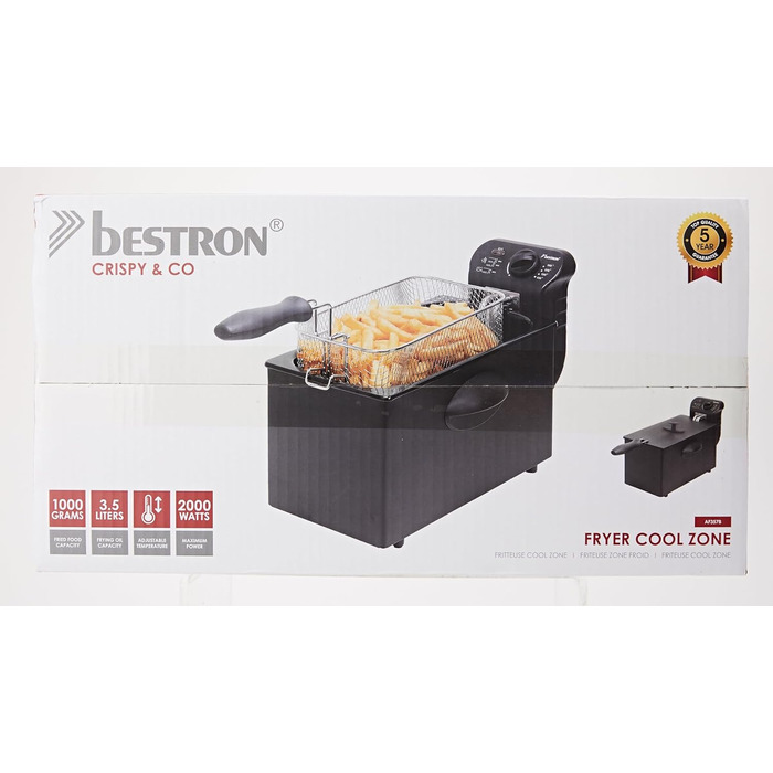 Масляна фритюрниця Bestron з технологією холодної зони, фритюрниця об'ємом 3,5 літра, плавно регульований регулятор температури до 190C, частково можна мити в посудомийній машині, 2000 Вт, колір Black Black Single