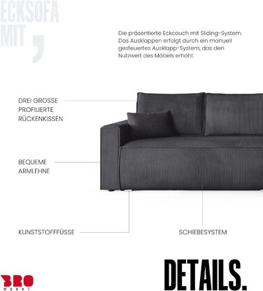 Диван з функцією сну, диван L, засіб для чищення оббивки, диван-ліжко з місцем для зберігання, розкладний диван для вітальні, окремостоячий диван, диван Havana Relax, 3-місний, 270x173x80 см, сірий