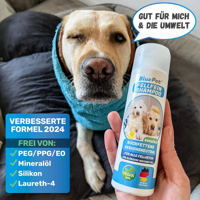Шампунь для собак BluePet без парфумів щітка для ванни проти свербіння, запахів та бруду Шампунь для хутра з алое вера та олією жожоба для блискучої, здорової та легко розчісується шерсті (шампунь, 200 мл)