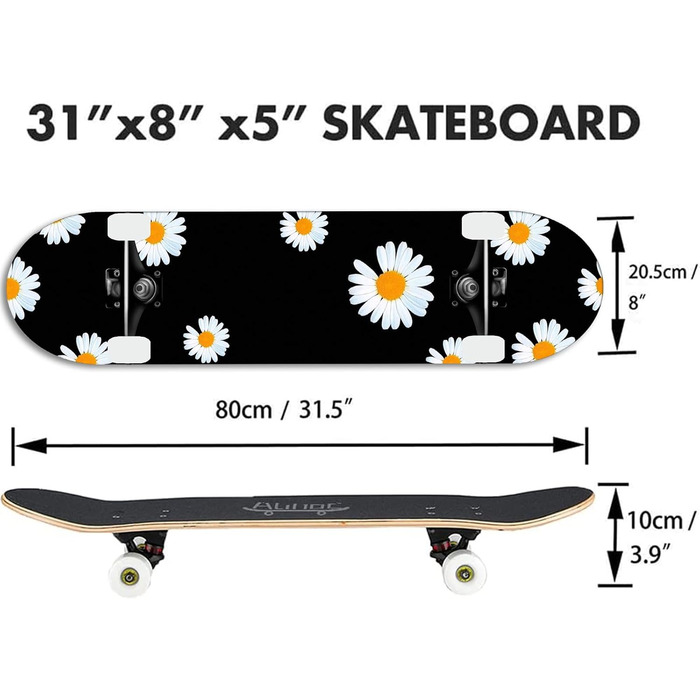Дюймовий стандартний скейтборд, 7-шарова кленова дошка, підходить для дітей, підлітків, дорослих, початківців та професіоналів, максимальне навантаження 150 кг. Хризантема., 31-