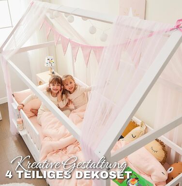 Ліжко для дому 90x200 з шухлядою, матрацом та набором 4-TLG DEKO рожевого кольору, вкл. захист від падіння книжкової полиці та рей