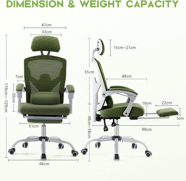 Ергономічне офісне крісло DUMOS - стілець зі зручними підлокітниками, оснащений зручною поперековою опорою та підставкою для ніг, підходить для дому та офісу (зелений)