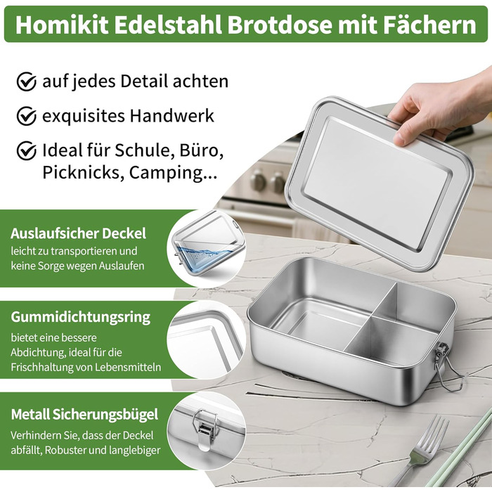 Ланчбокс Homikit з роздільниками, нержавіюча сталь, 850 мл. Бенто-бокс з сумкою для дітей та дорослих, контейнер для обіду з виймаються перегородками та герметичною кришкою з силіконовим ущільнювачем.