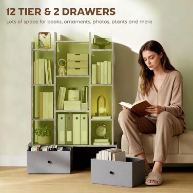 Книжкова полиця HOMCOM Tree, 12-ярусна підлогова книжкова шафа з 2 складними шухлядами, окремостояча книжкова полиця для зберігання речей, вітальні, домашнього офісу, спальні, графітовий ефект дерева