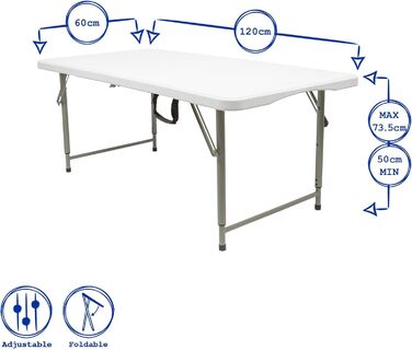 Білий 120 см (4 фути) Розкладний пластиковий стіл з регульованою висотою - Міцні складні садові кемпінгові столи
