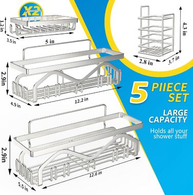 Клейкий душовий піддон, органайзер для душу 5 шт. , велика місткість, душові стійки, без свердління, ванна кімната, органайзер для душу, душова стійка з нержавіючої сталі, сріблястий