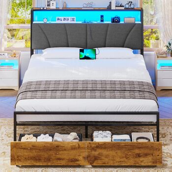 Ліжко 140x200 з металевою рейковою основою, каркас ліжка 140x200 см зі світлодіодним освітленням та зарядною станцією (2 розетки змінного струму та 2 порти USB), дитяче ліжко, двоспальне ліжко з 2 великими шухлядами, сірий колір, 140x200 см